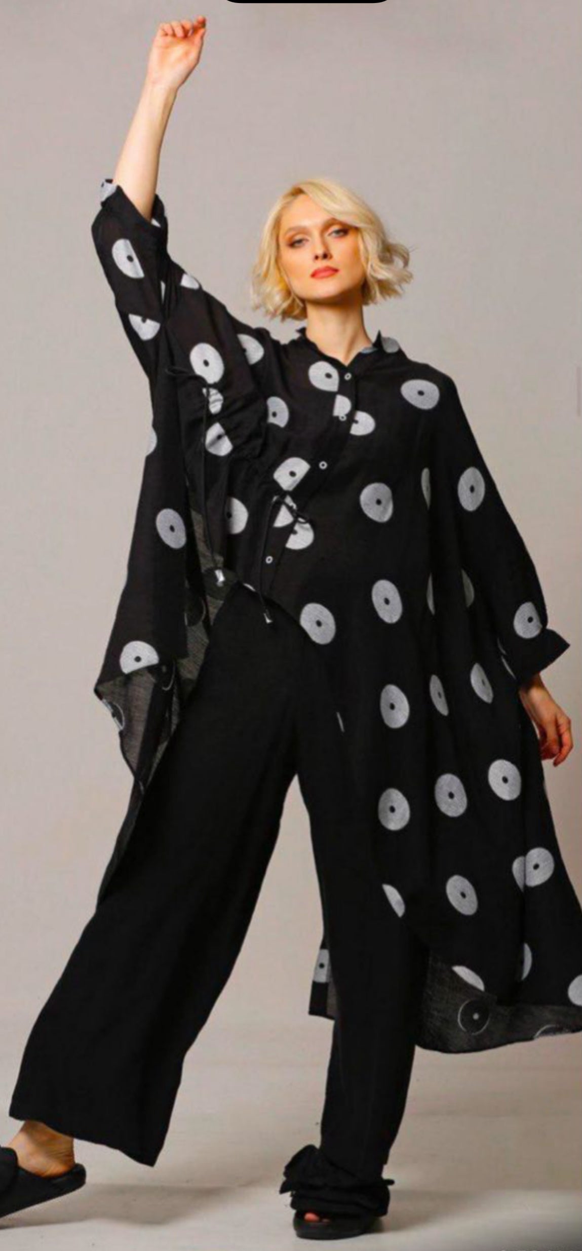 BZE125 Long Black & Grey Polka Dot Shirt Dress