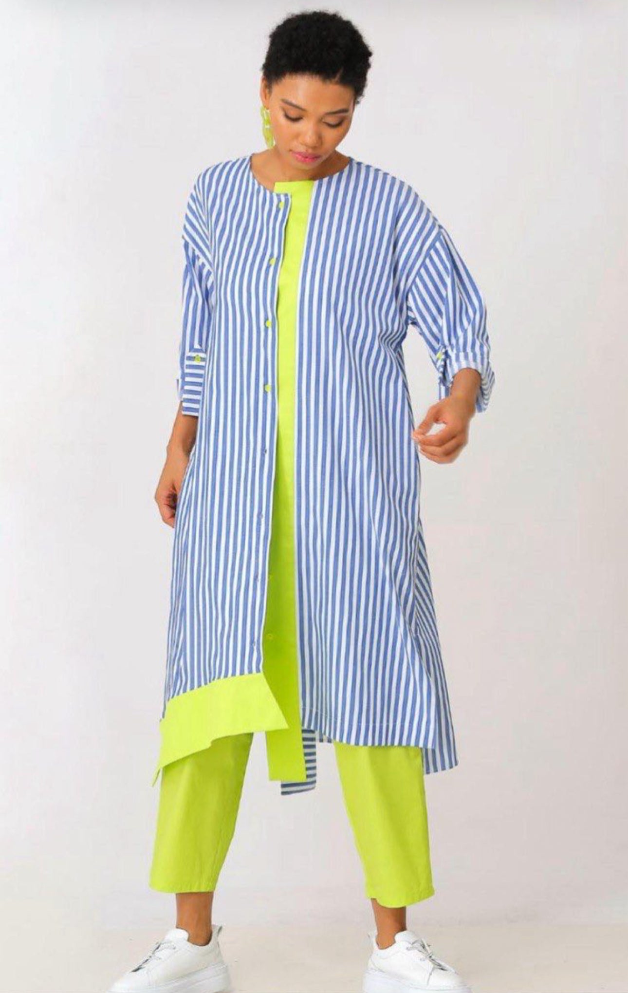 BZ2958 Blue Striped Shirt Dress with Lime Trim