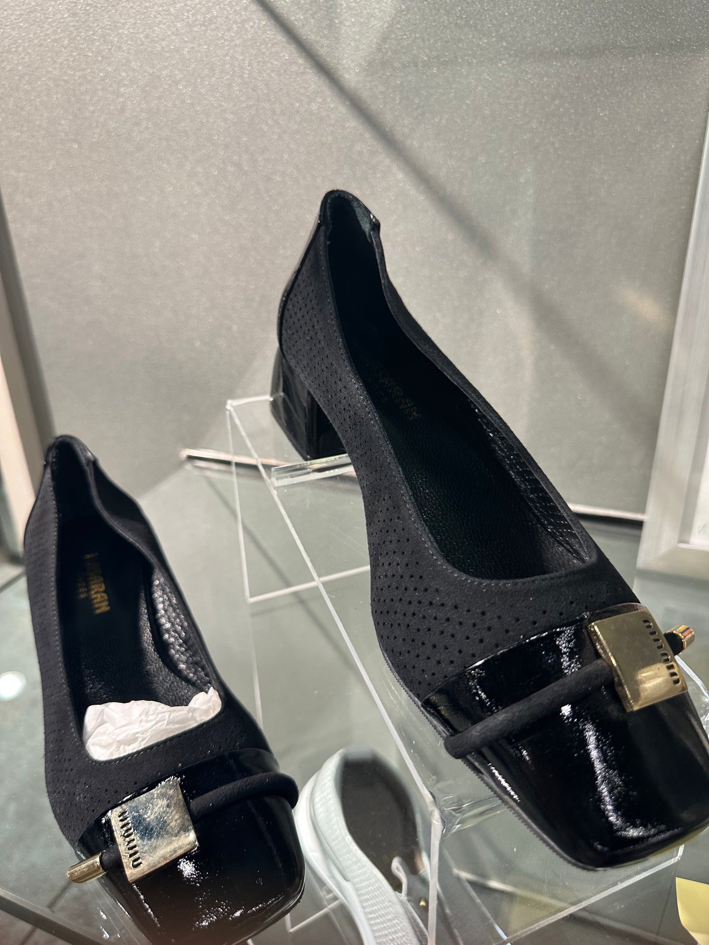 Black Leather Square-Toe Block Heel Pumps