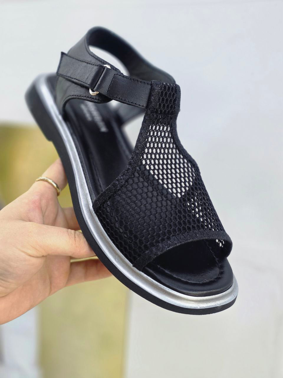 Black Mesh Leather Comfort Sandals
