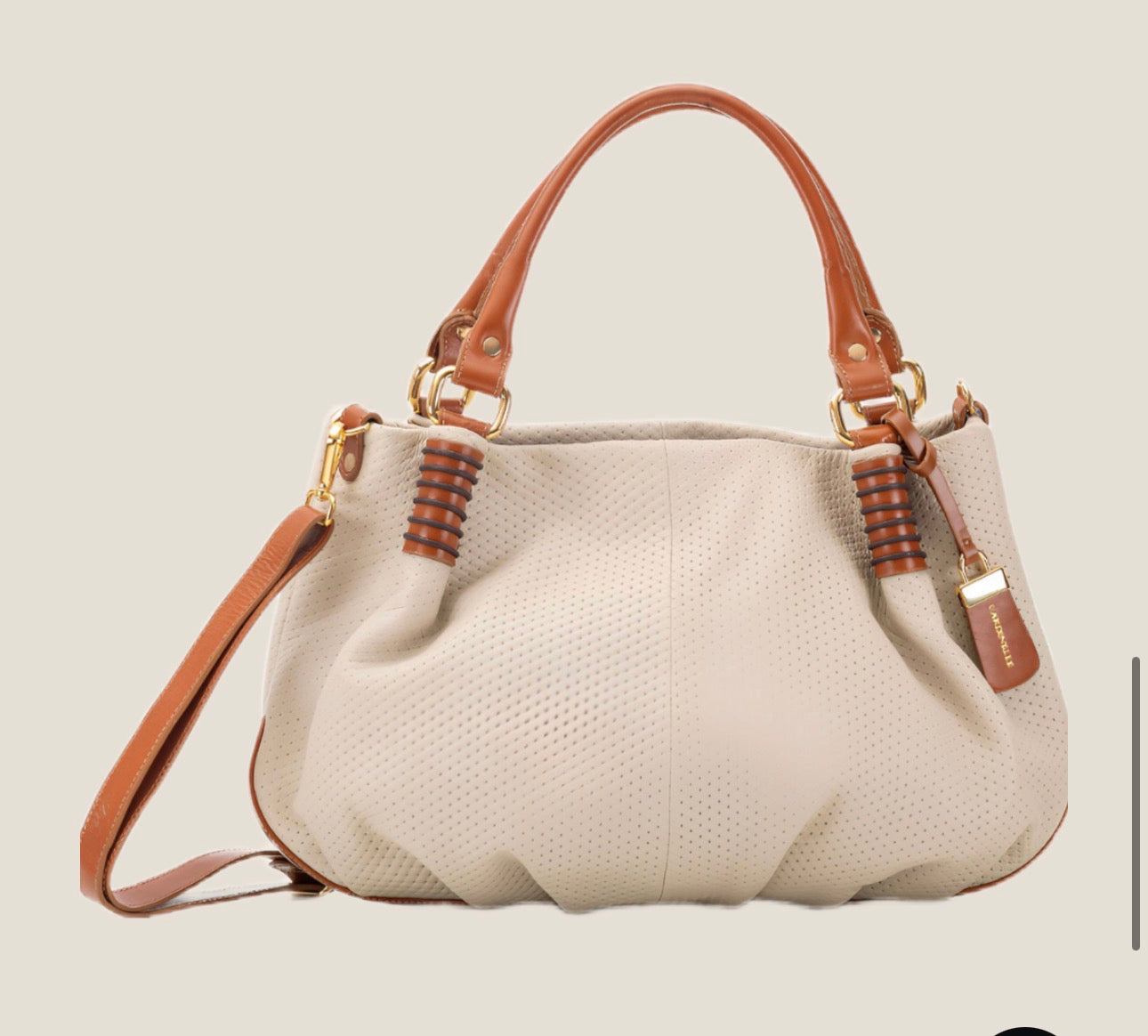 Ivory & Cognac Perforated Leather Shoulder Bag