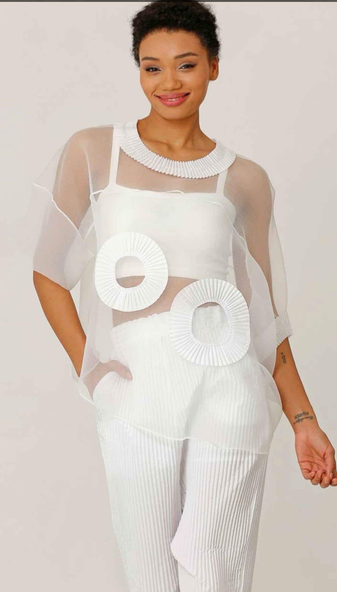 BZE177 White Sheer Circle Embroidered Blouse