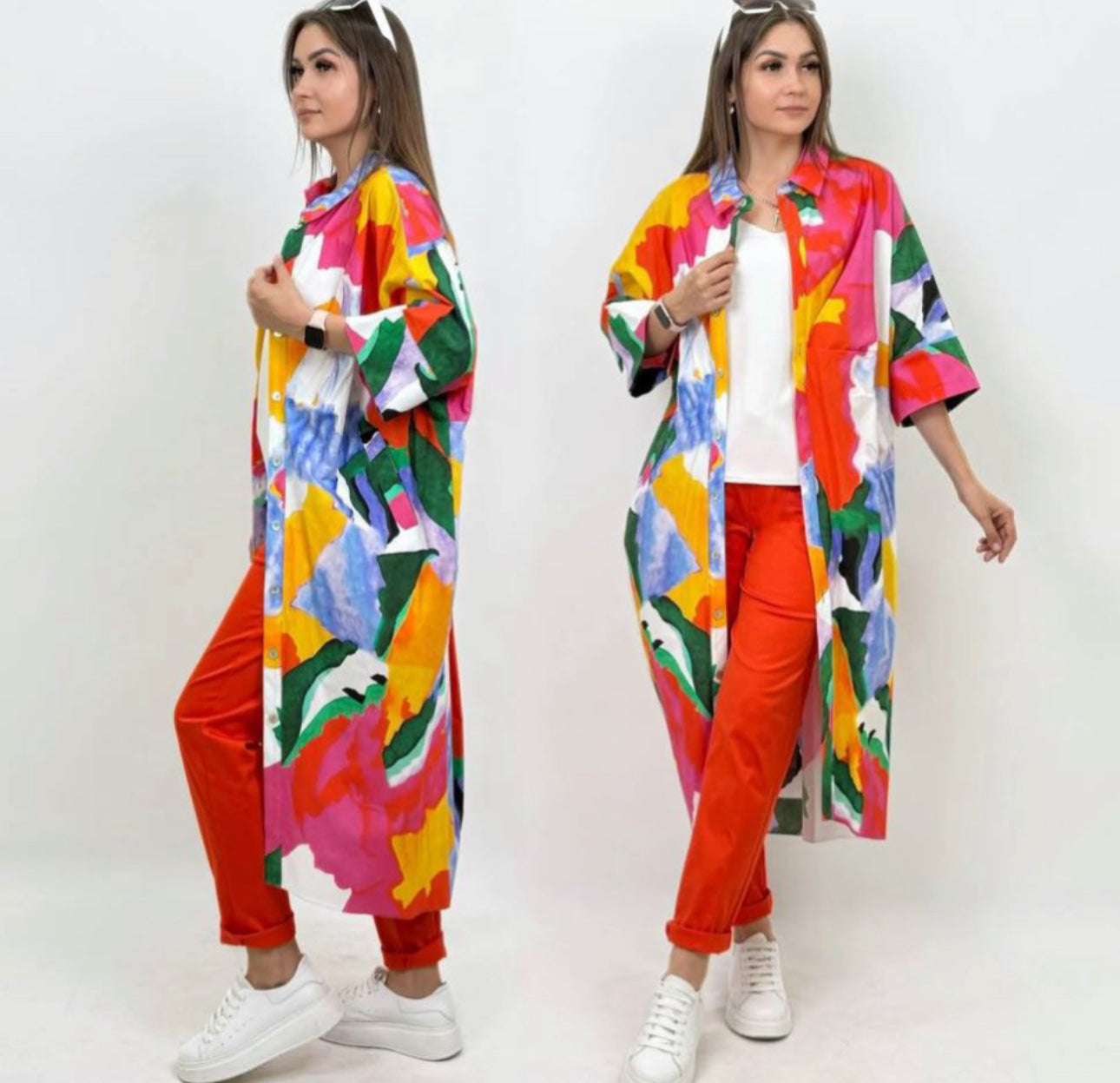 BZ2915 Multicolor Abstract Cotton Shirt Dress