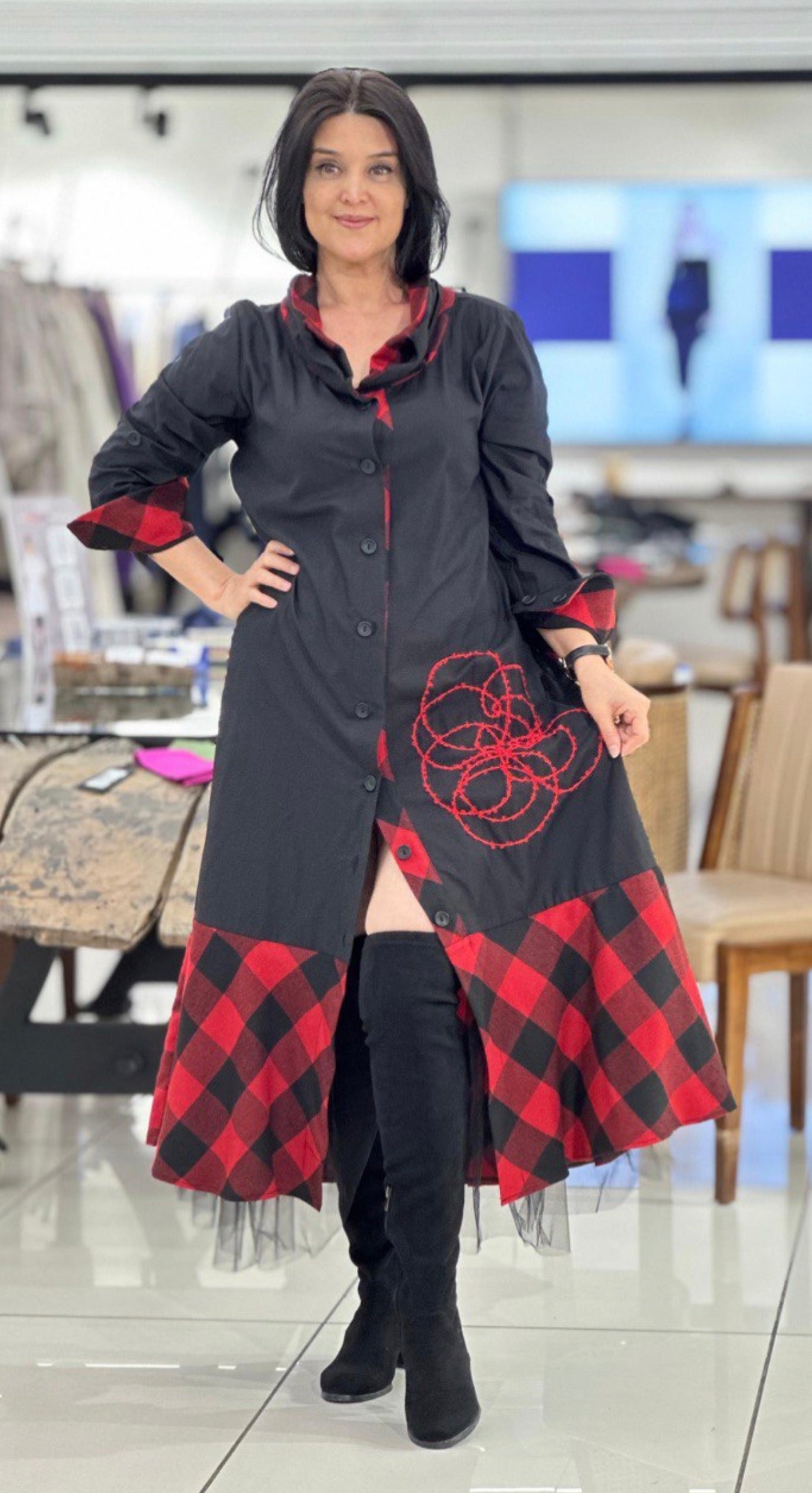 Black & Red Plaid Long Shirt Dress