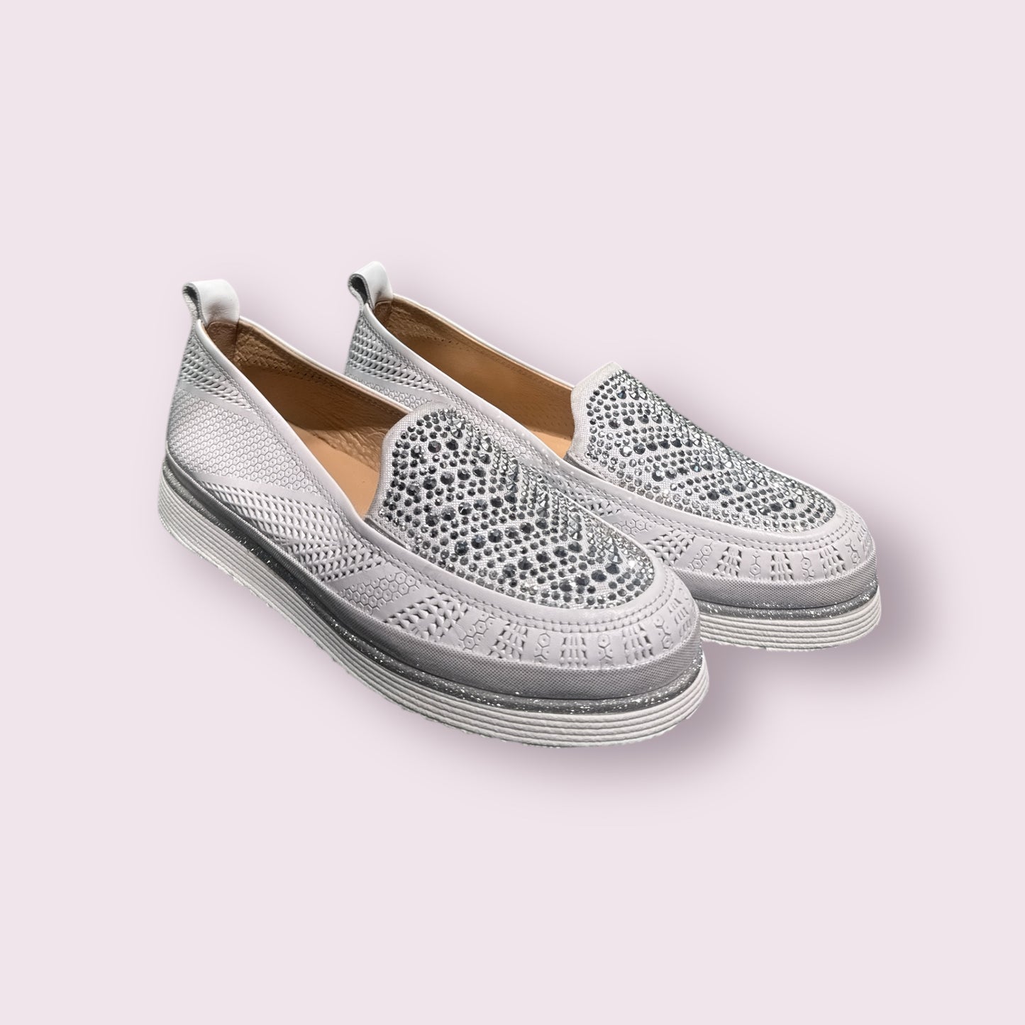 105 White Crystal-Embellished Leather Slip-Ons