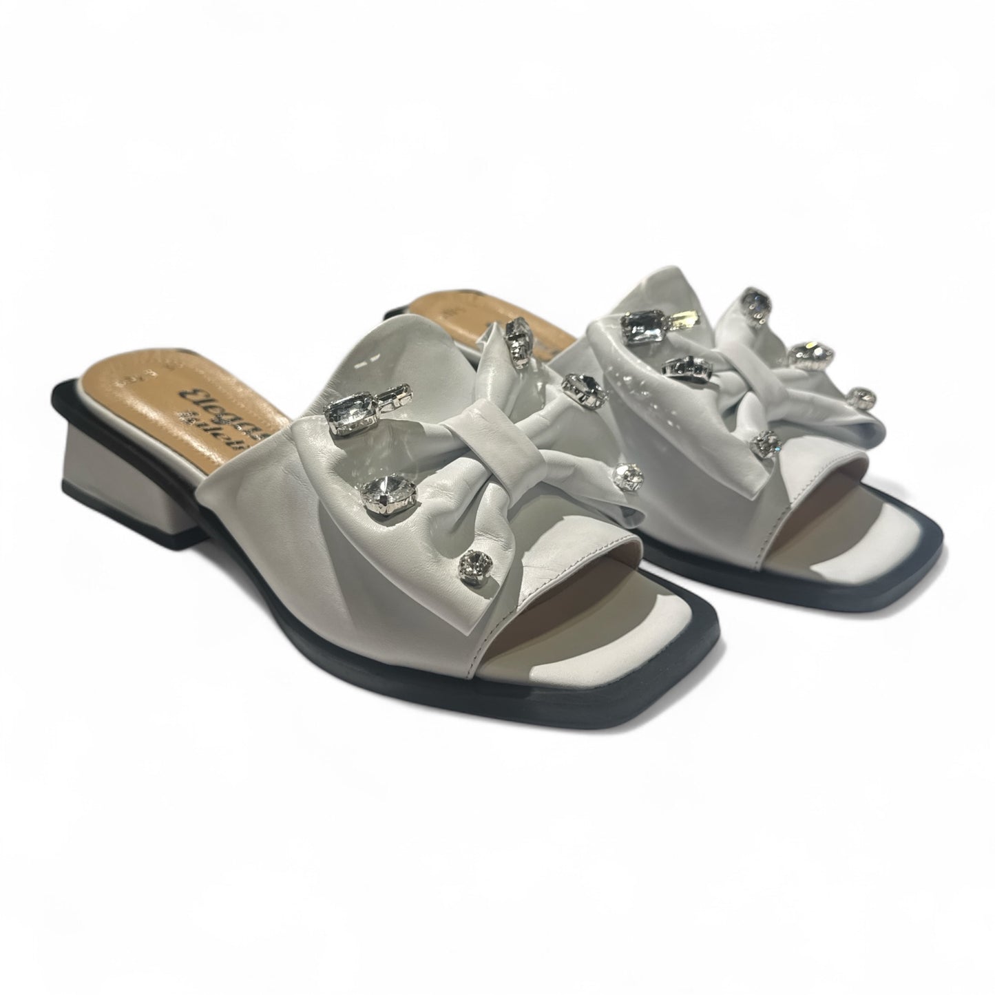114 White Embellished Bow Heeled Slides – Glamour with Every Step