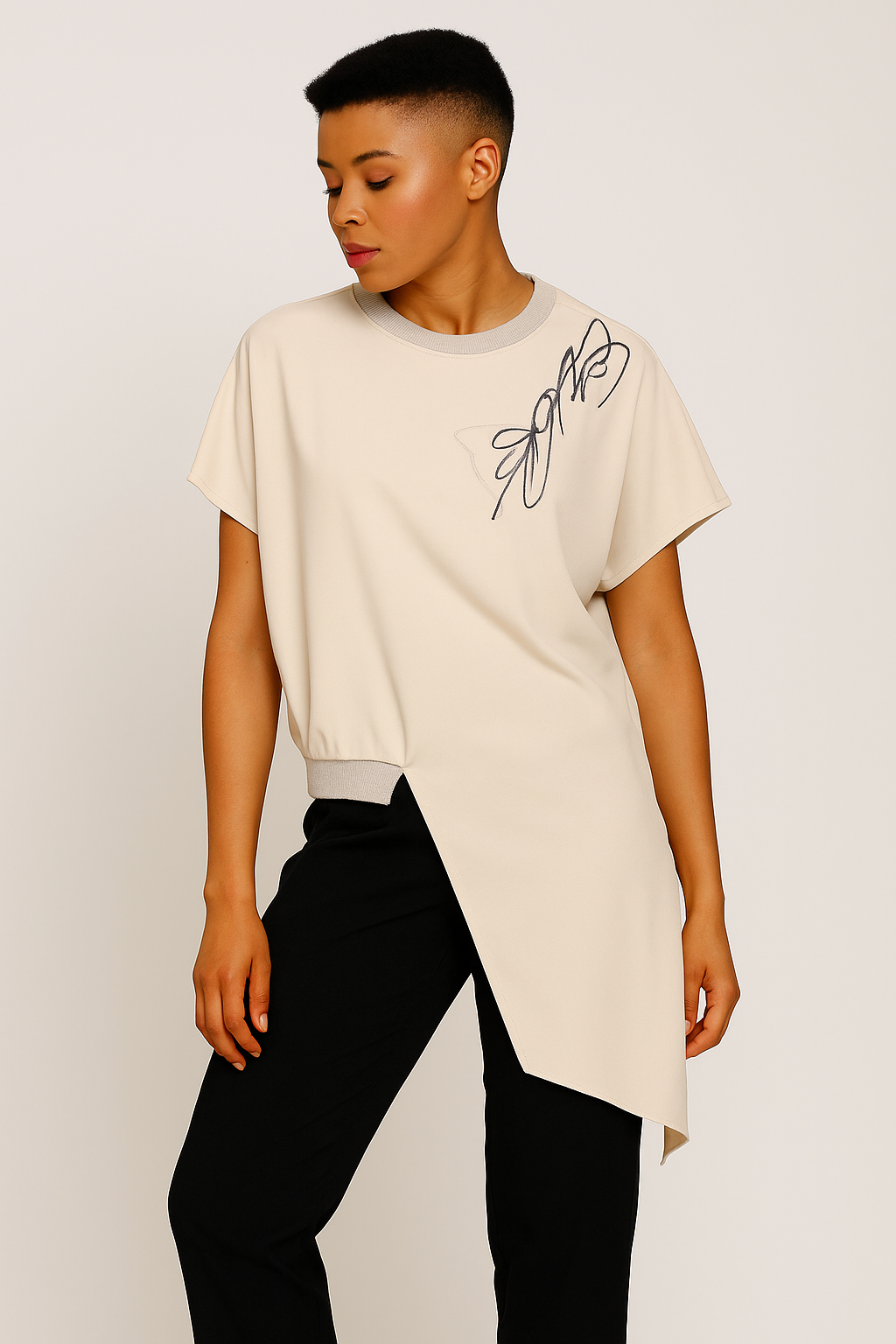 Asymmetric Embroidered Beige Blouse BZ011