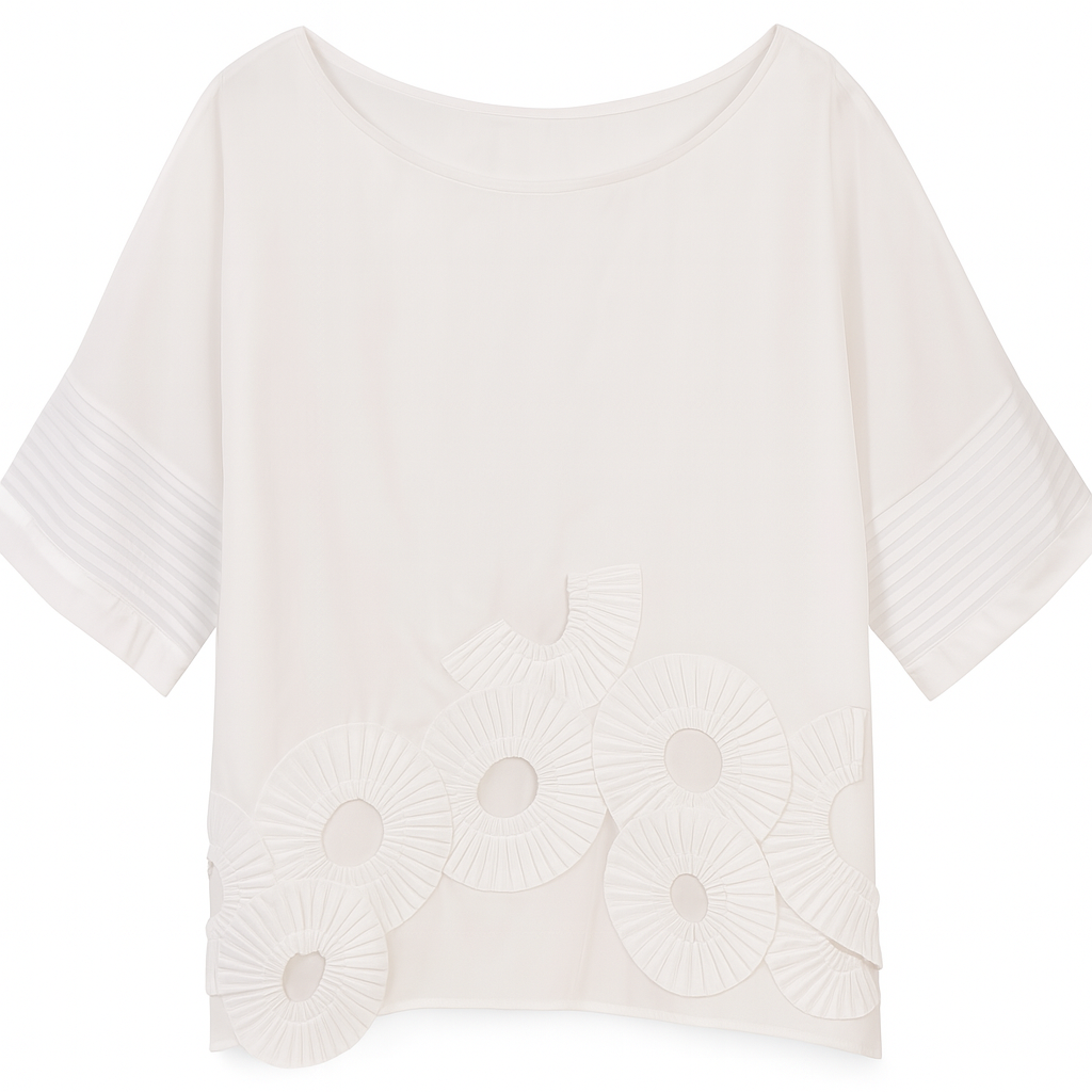 White Cotton Blouse with Pleated Circles BZ181