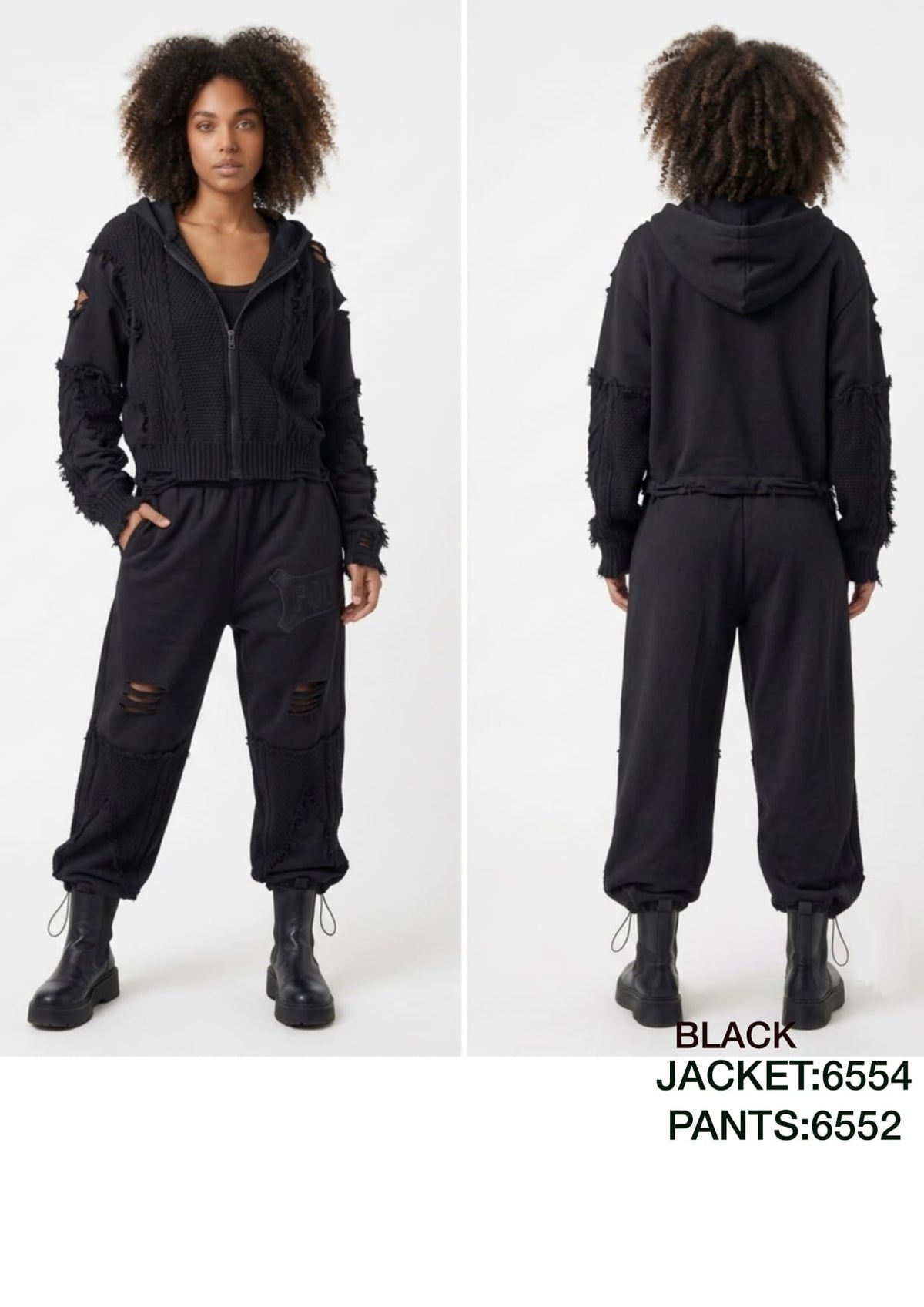 Women’s black distressed hooded jacket and jogger pants two-piece set