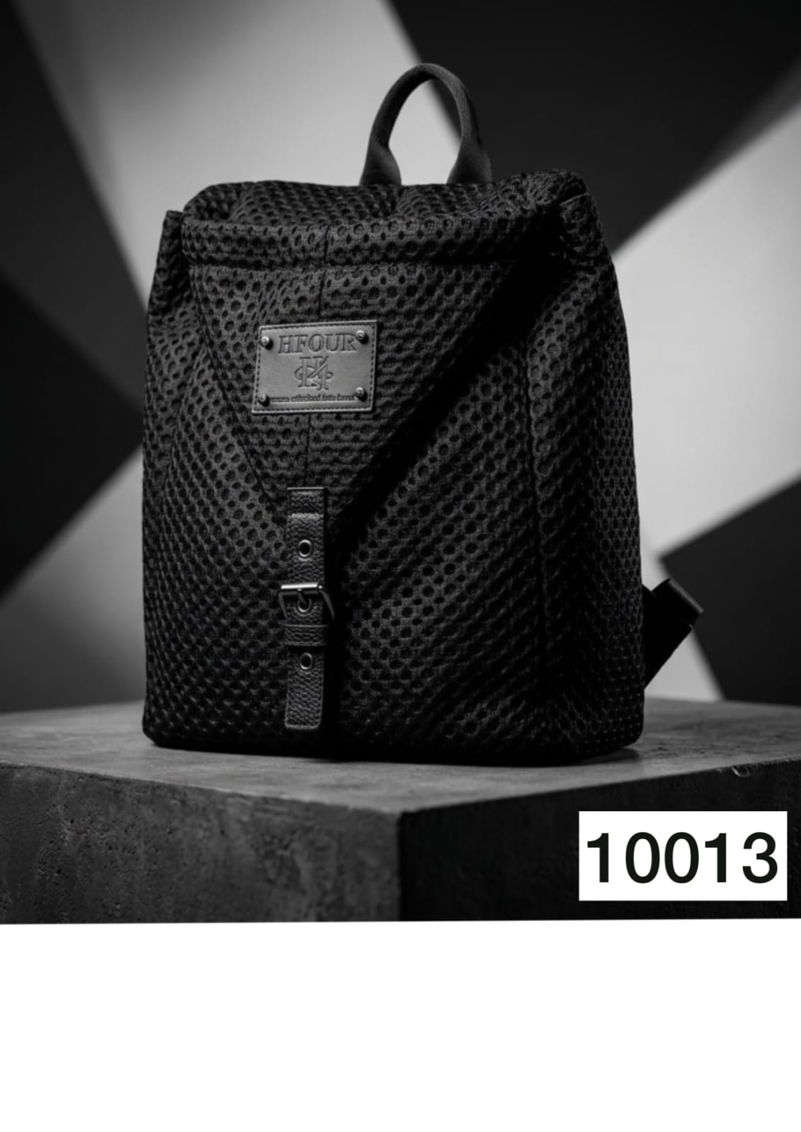 Black Textured Flap Backpack with Buckle Detail