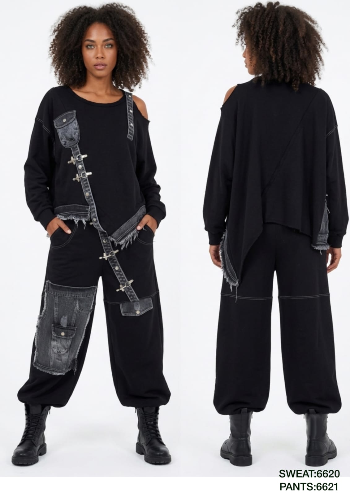 Asymmetric Denim-Detail Sweatshirt & Utility Jogger Set – Style