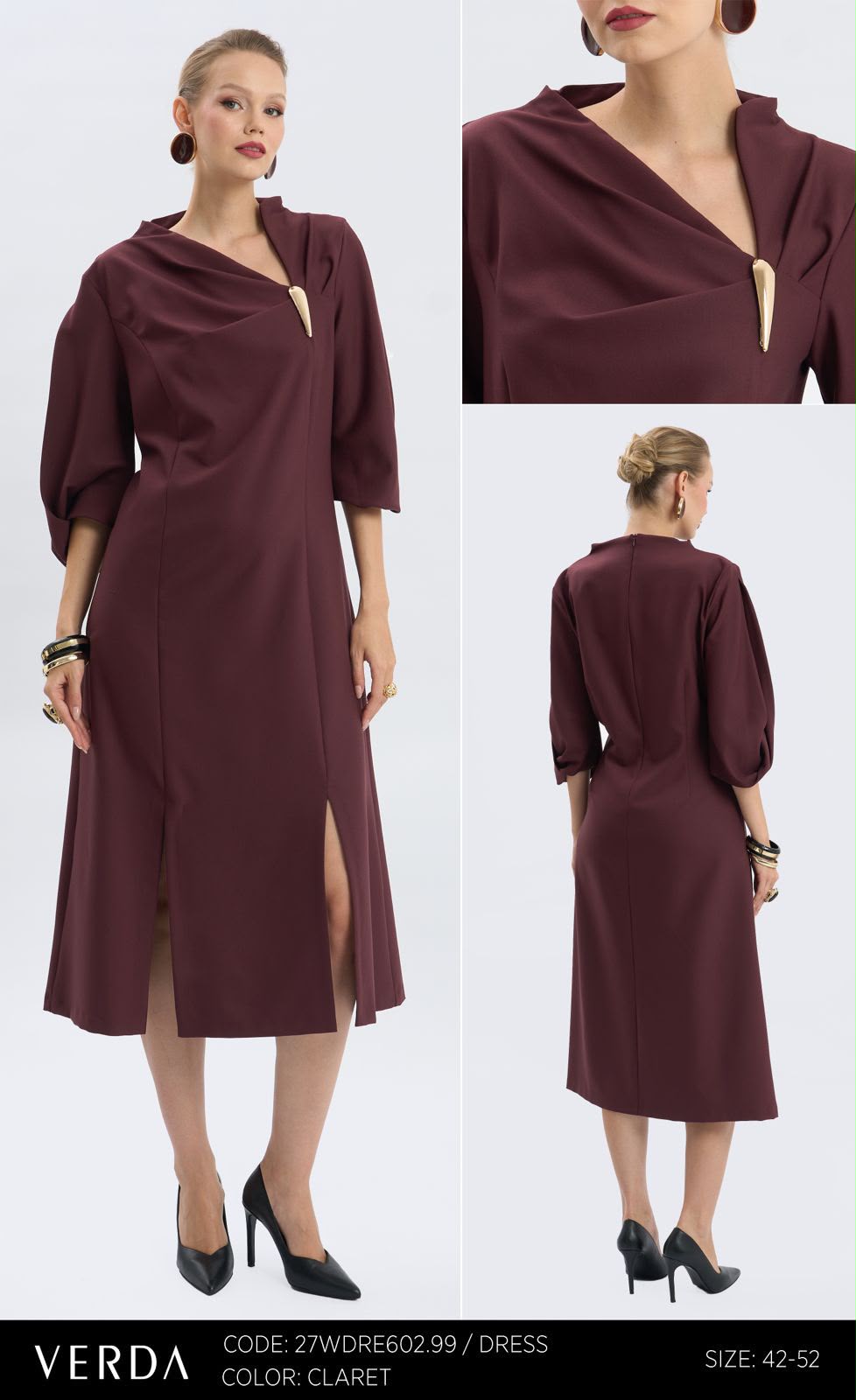 Verda Claret Draped Neck Midi Dress