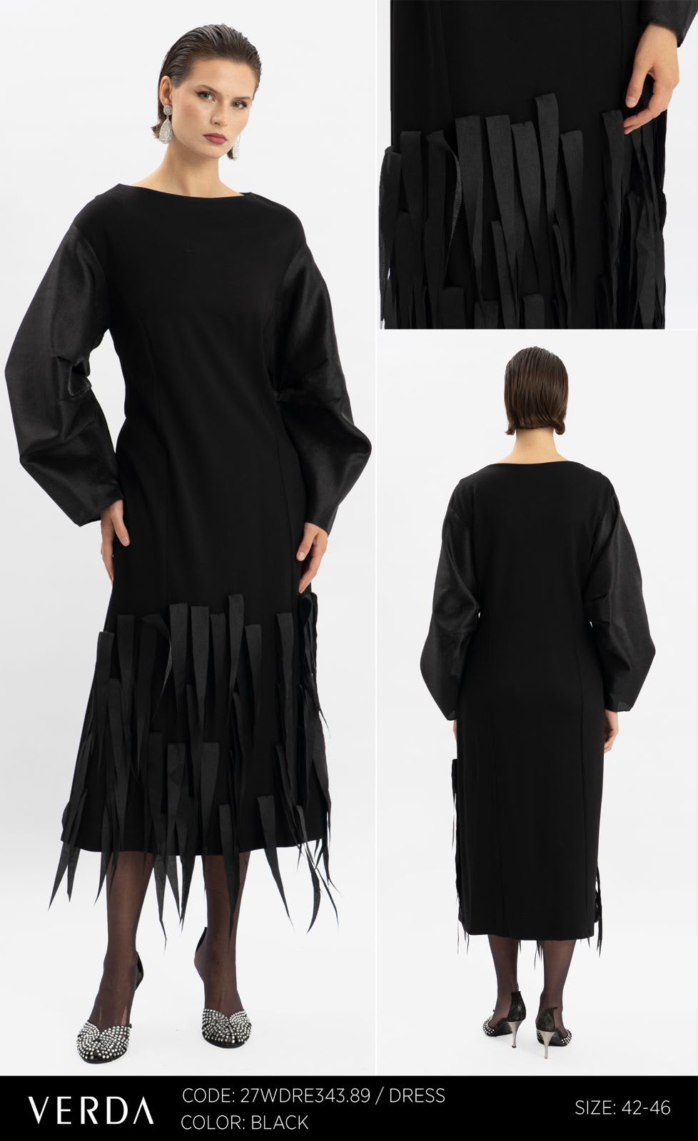 Black Statement Fringe-Hem Midi Dress