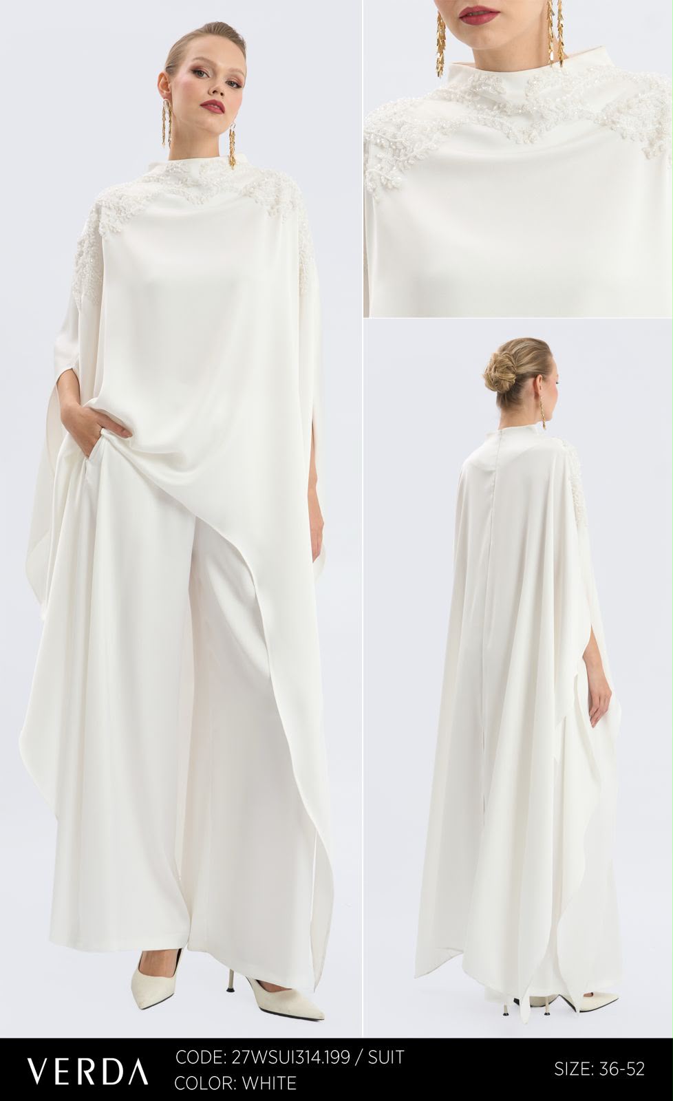 White Embellished Draped Cape Ensemble