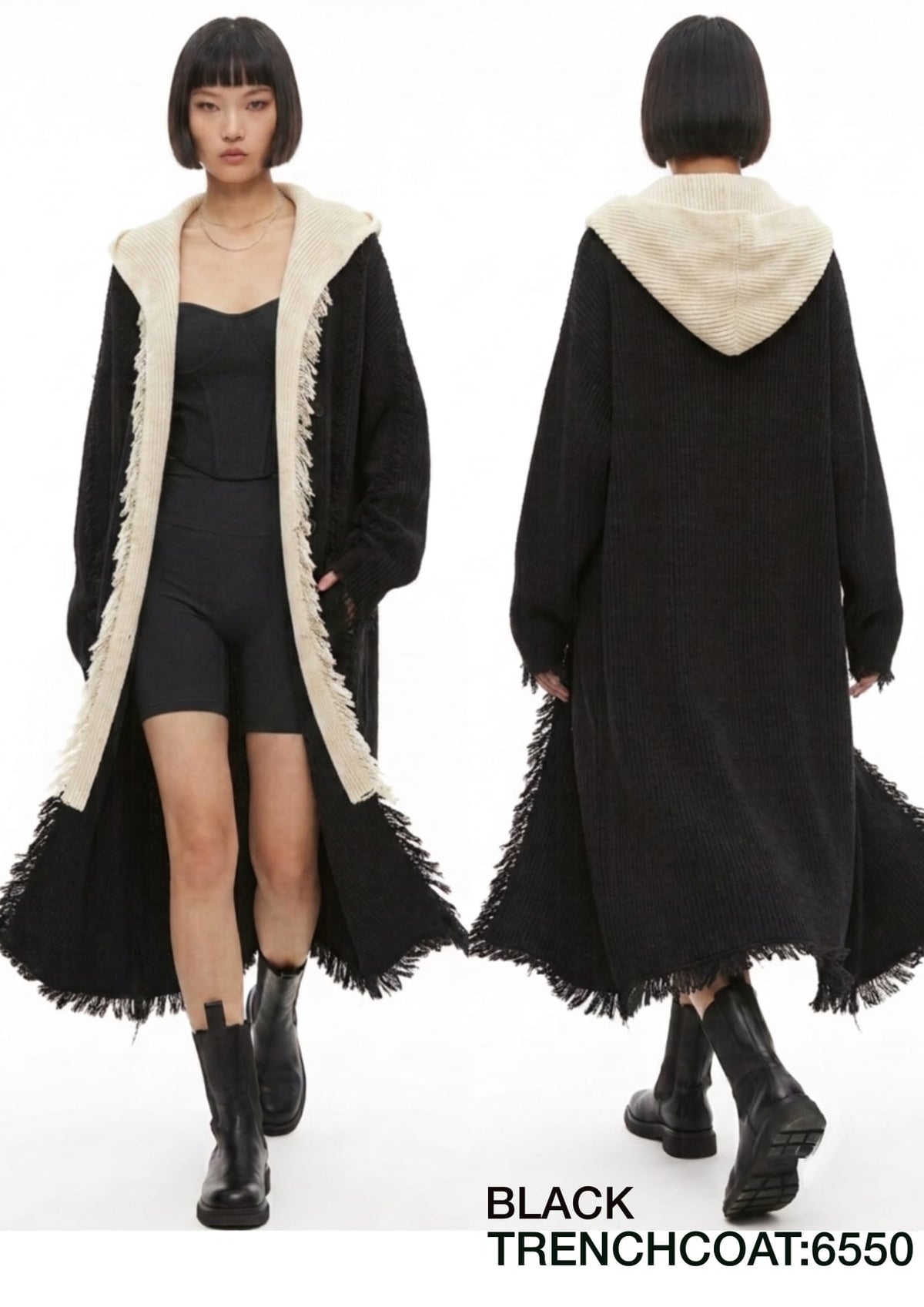 Women's Hooded Fringed Maxi Trench Cardigan Coat - Gray