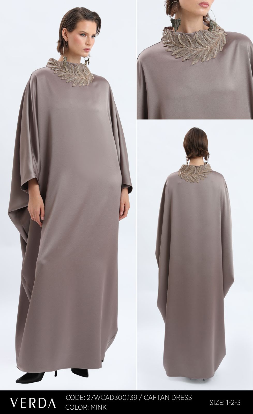 Mink Embellished Neckline Caftan Maxi Dress