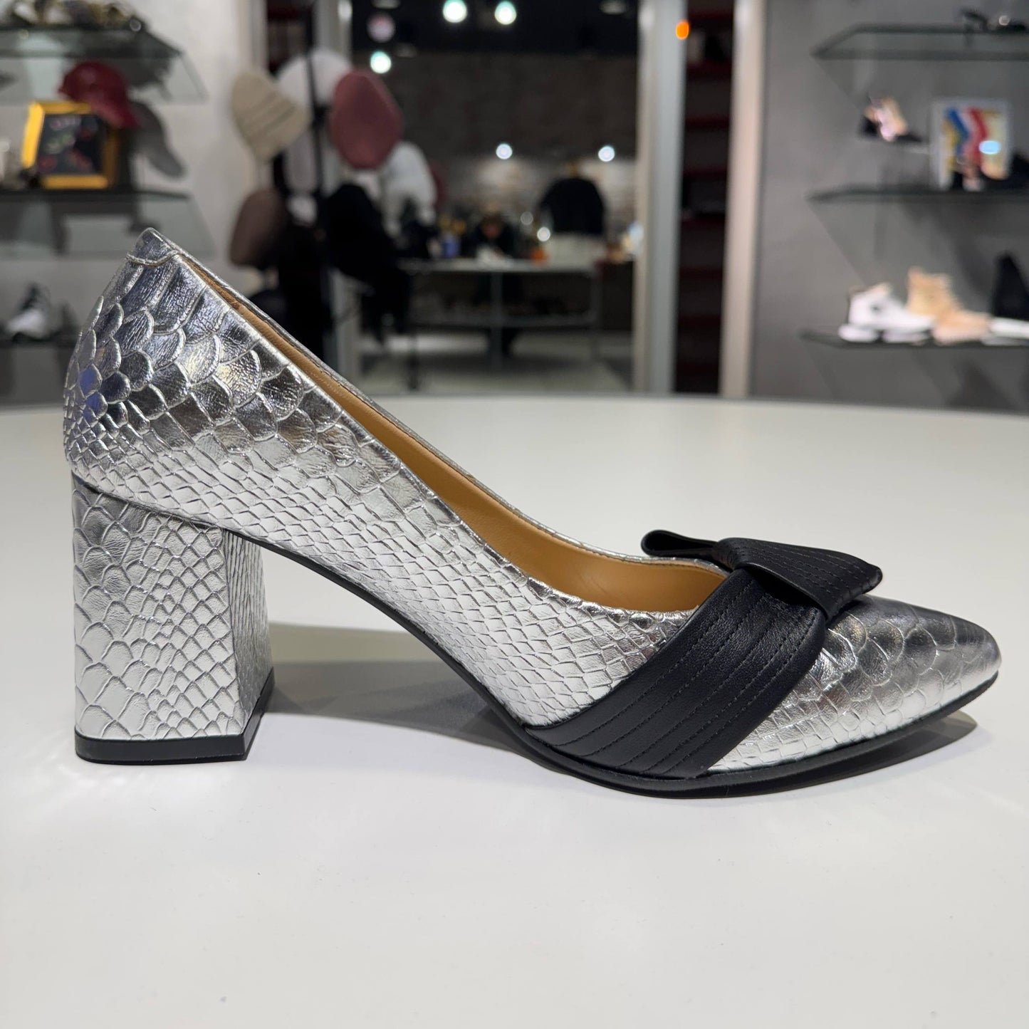 Metallic Pointed-Toe Pump with Front Strap Detail