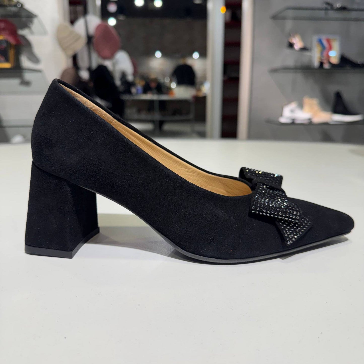 Pointed-Toe Block Heel Pump with Bow Accent