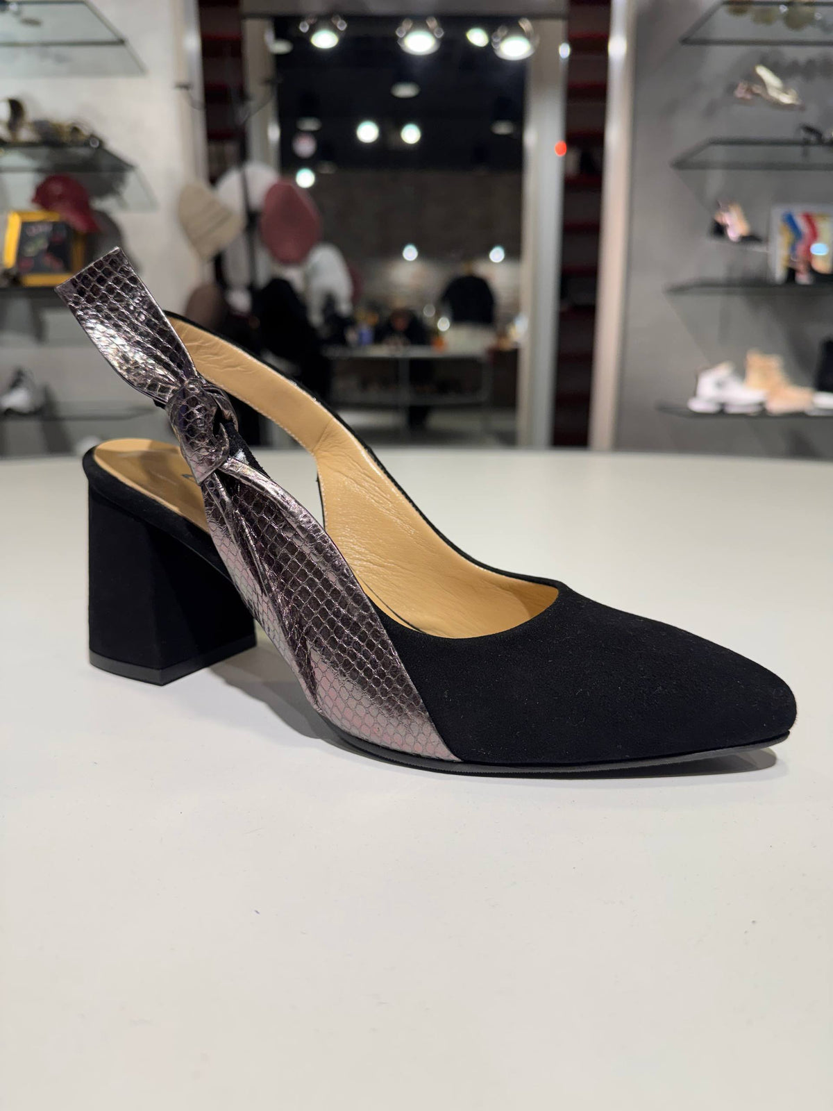 Black Suede & Metallic Leather Slingback Pumps
