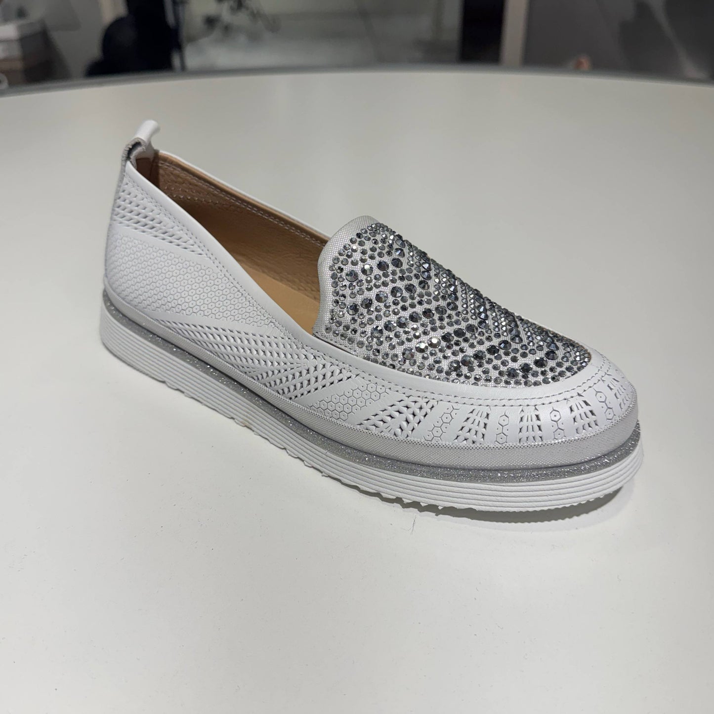 White Crystal Embellished Leather Loafers