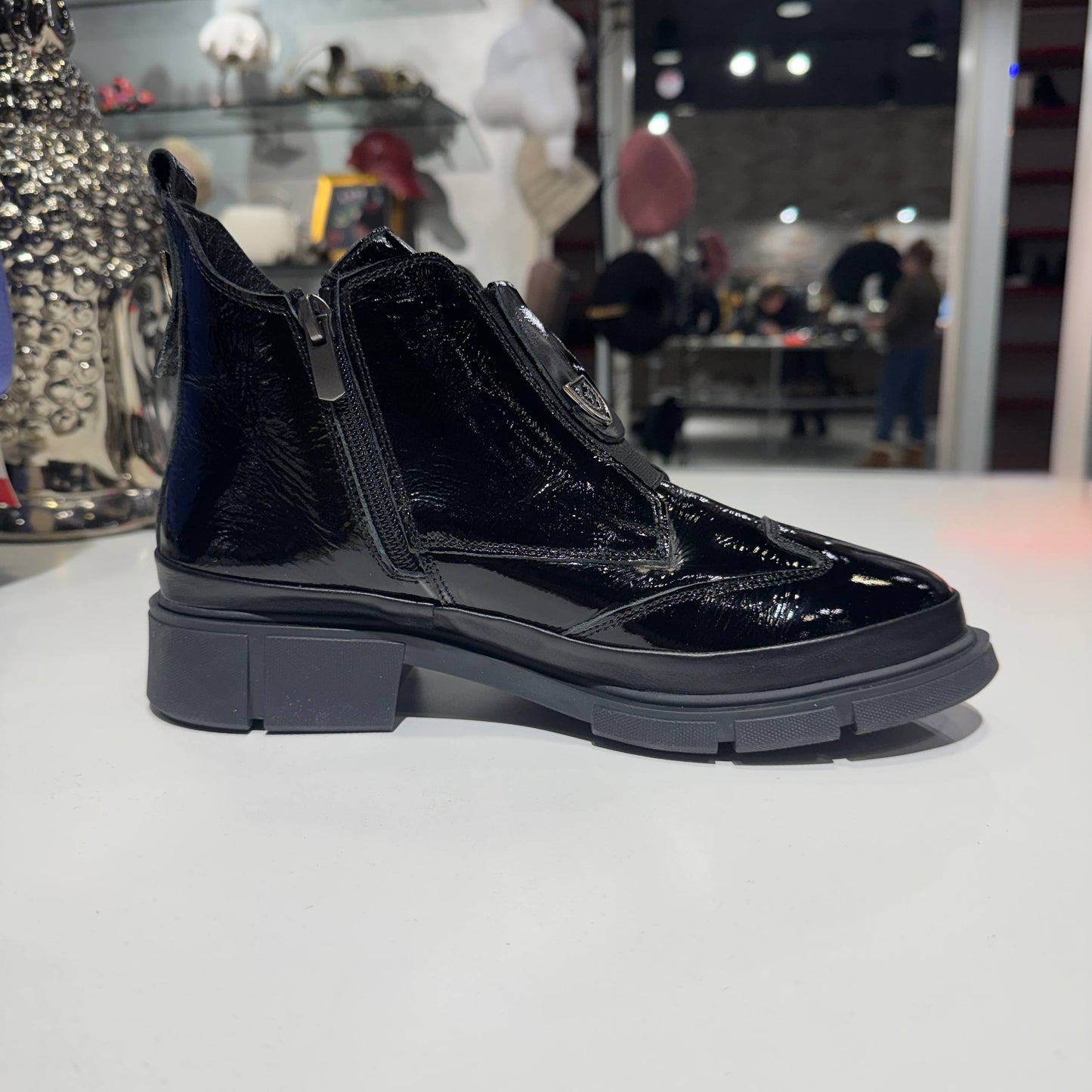 Black Patent Ankle Boot with Elastic Front Panel