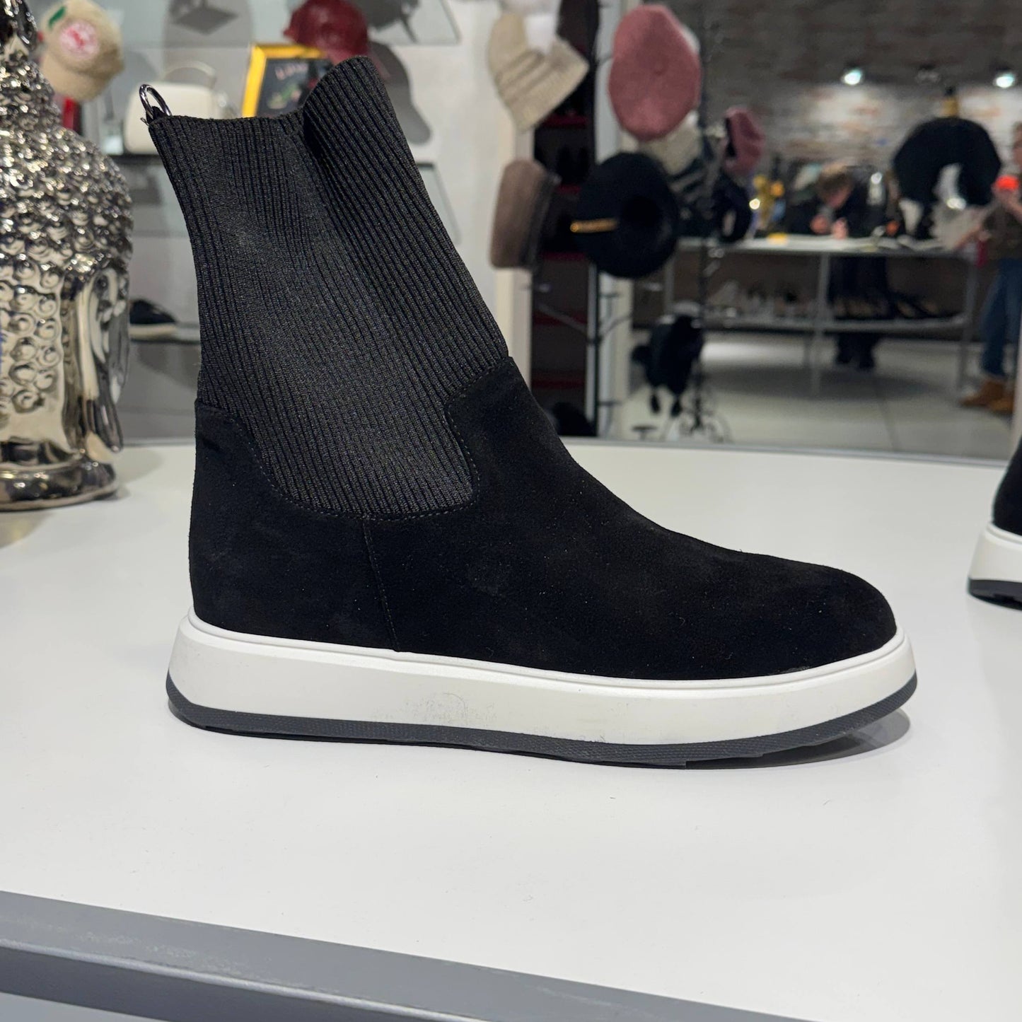Black Suede Sock Ankle Boot with Contrast Sole