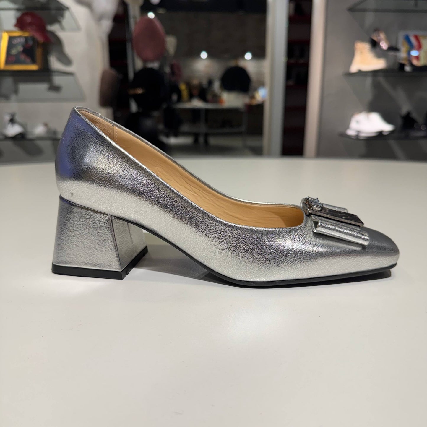 Silver Leather Block Heel Pump with Decorative Bow