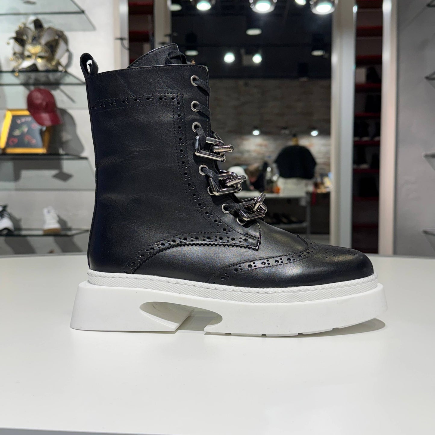 Black Leather Lace-Up Ankle Boot with Cushioned Sole
