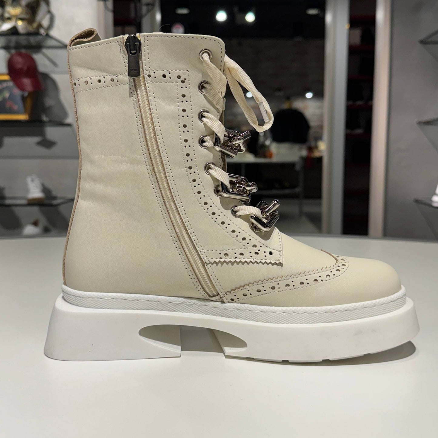 Ivory Leather Lace-Up Combat Boot with White Platform Sole