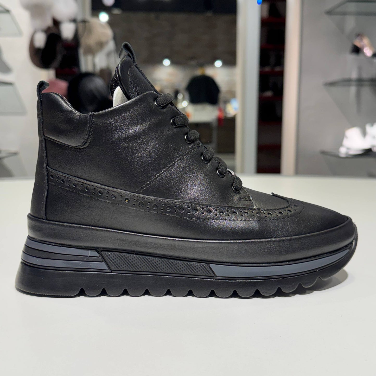 Black Lace-Up Mid-Top Sneakers With Brogue Detail