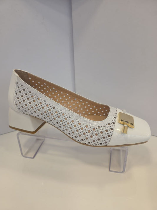 Beige & Silver Leather Block Heel Pumps