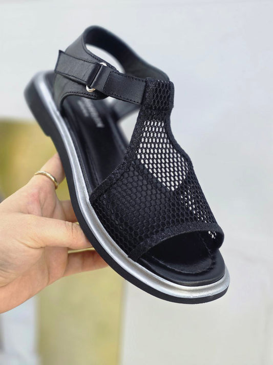 Black Mesh Leather Comfort Sandals