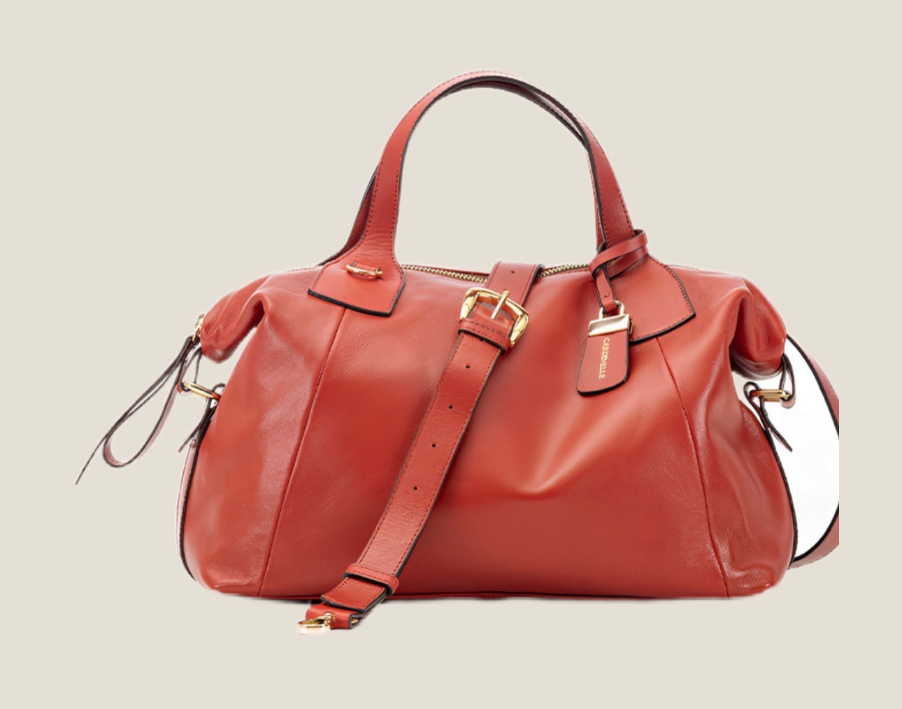 Coral Red Leather Satchel Bag