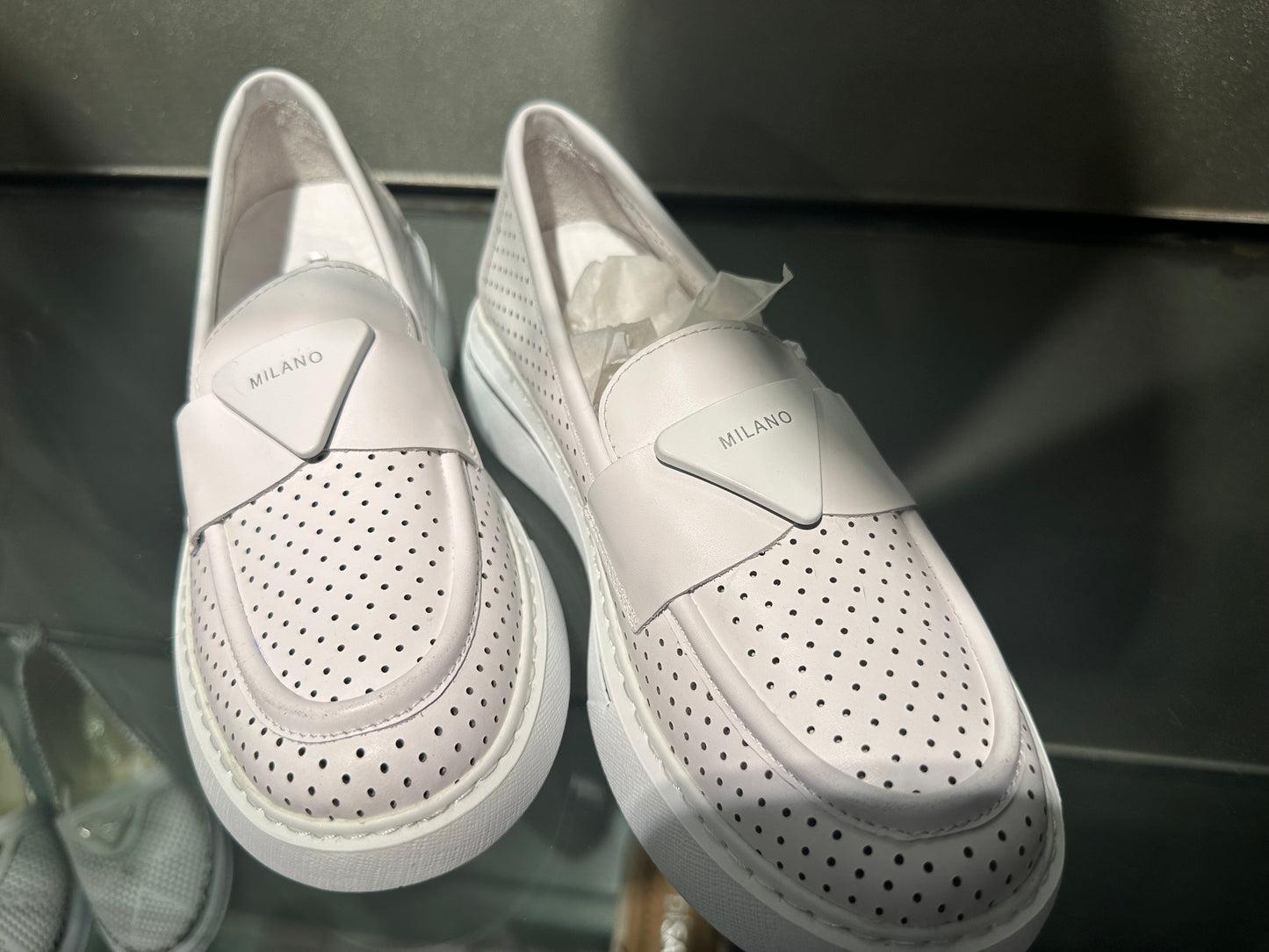 White Perforated Leather Platform Loafers