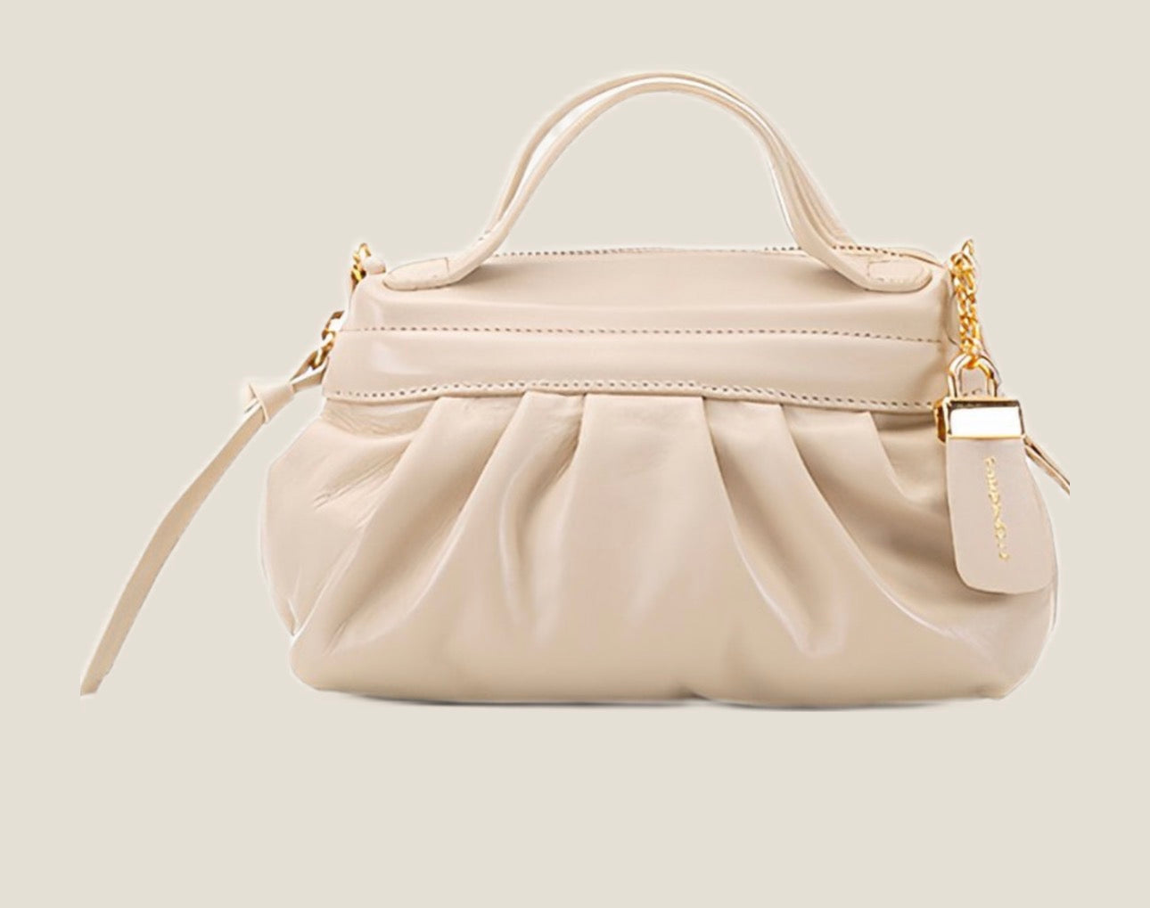Ivory Pleated Leather Top Handle Bag