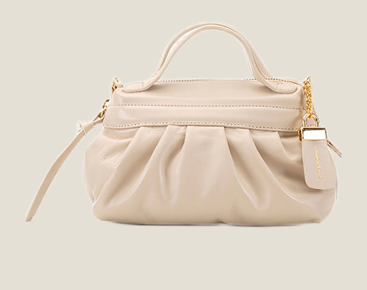 Ivory Pleated Leather Top Handle Bag