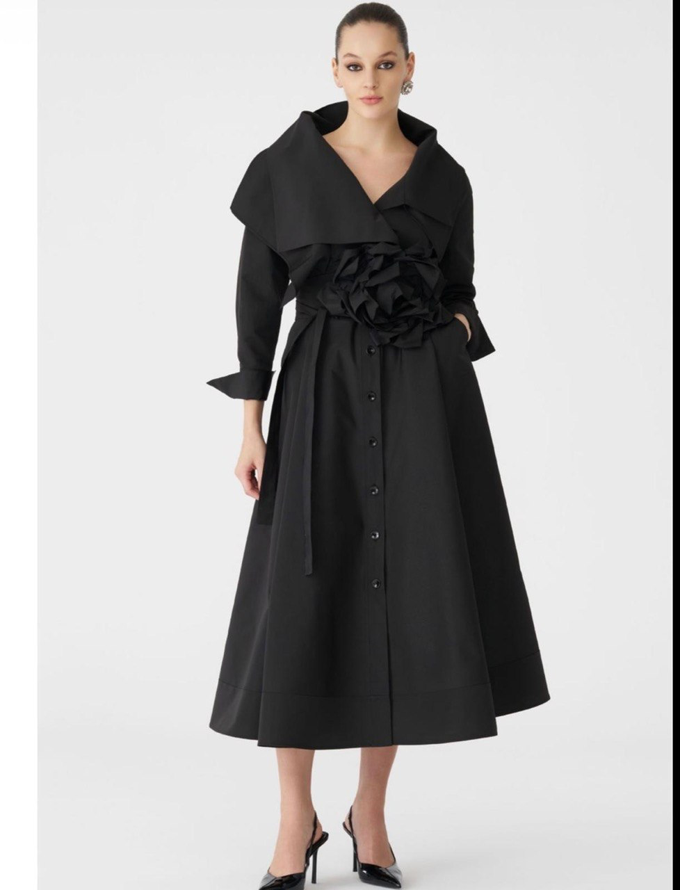 Black Floral Belted Midi Coat