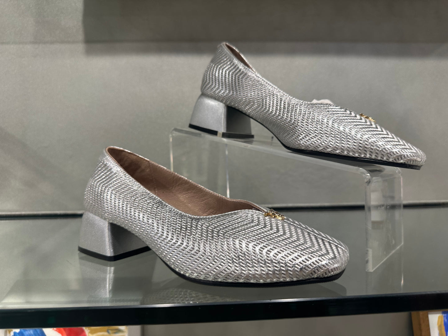 Silver Metallic Leather Low-Heel Pumps