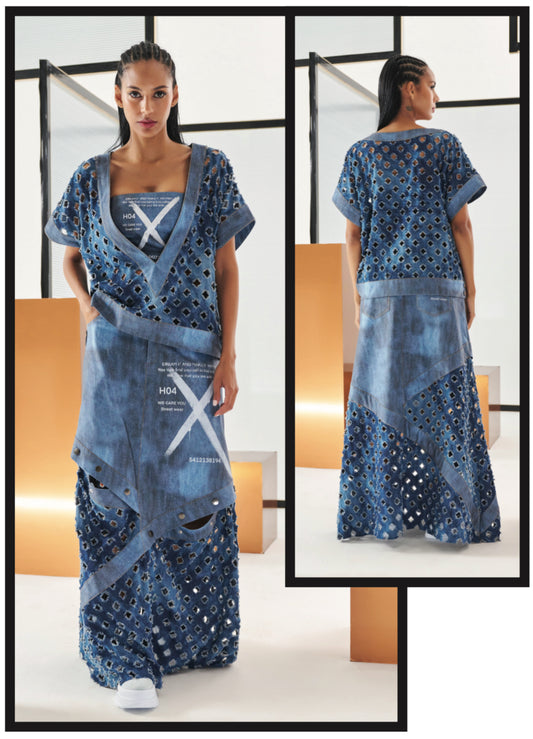 Cutout Embellished Denim Maxi Skirt H4 02621
