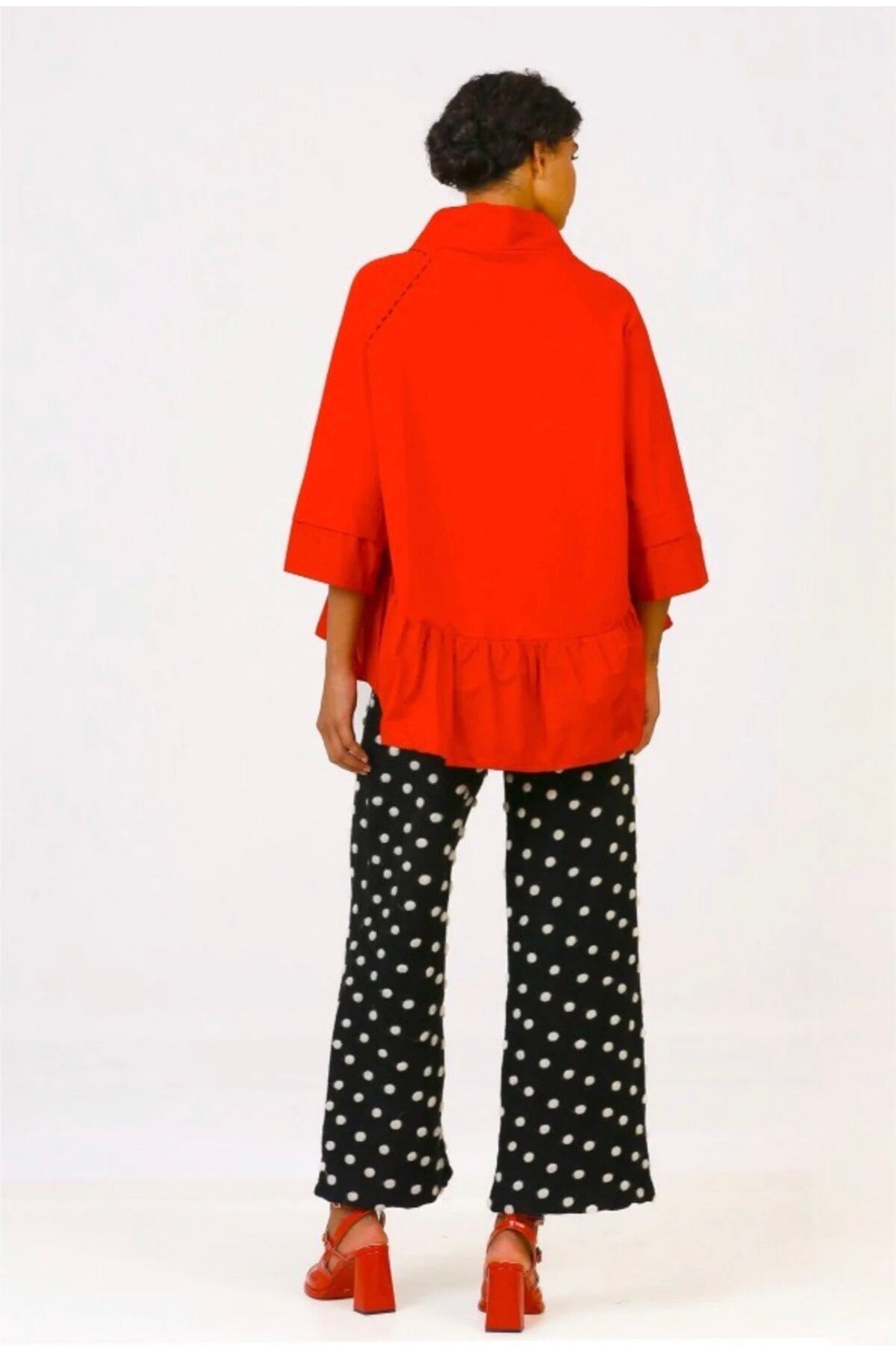 Red Shawl Collar Smock Blouse with Polka Dot Styling