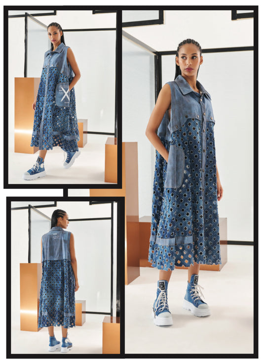 Sleeveless Cutout Embellished Denim Dress H4 02619