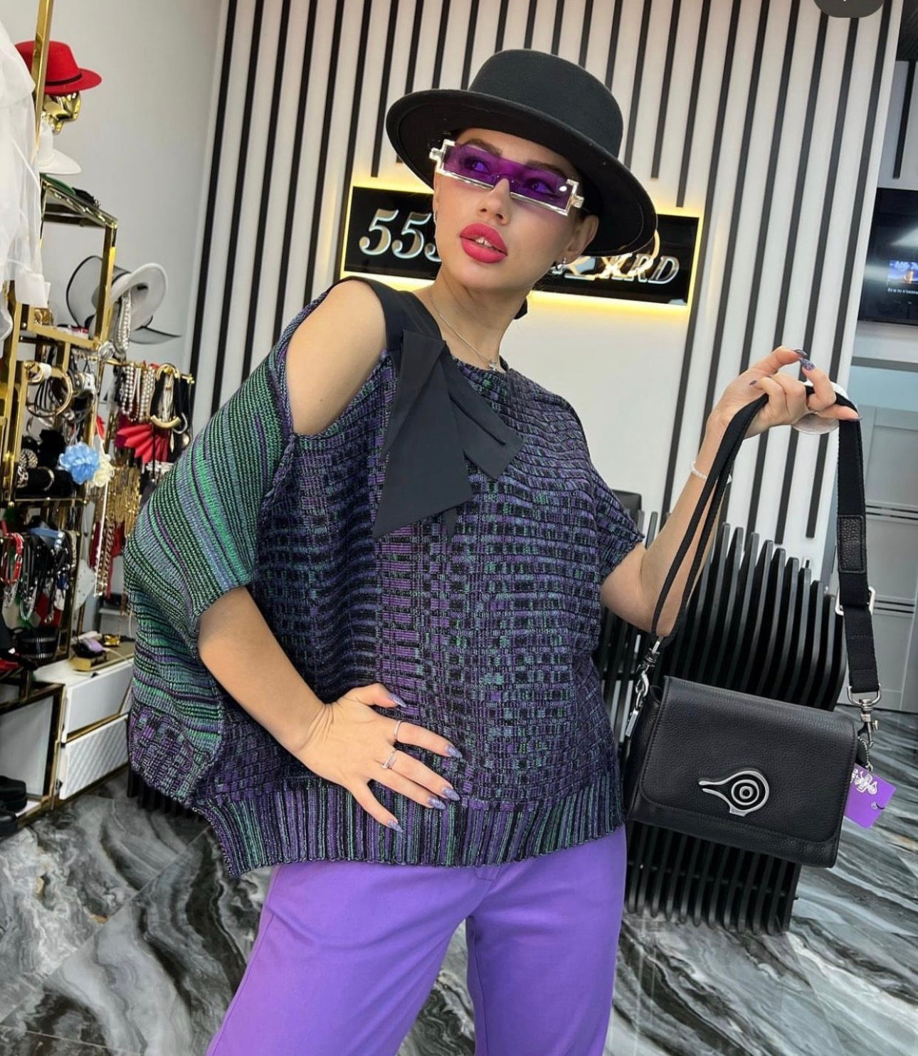 BIZE Cold-Shoulder Knit Blouse – Purple/Grey