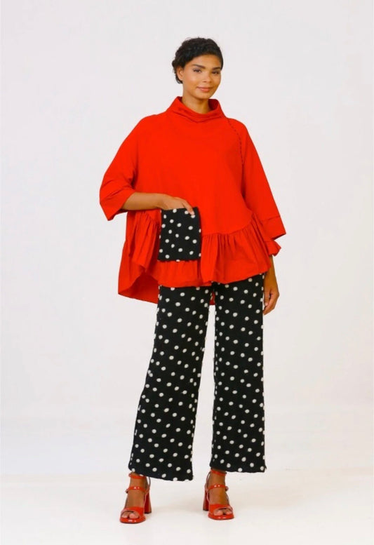 Red Shawl Collar Smock Blouse with Polka Dot Styling