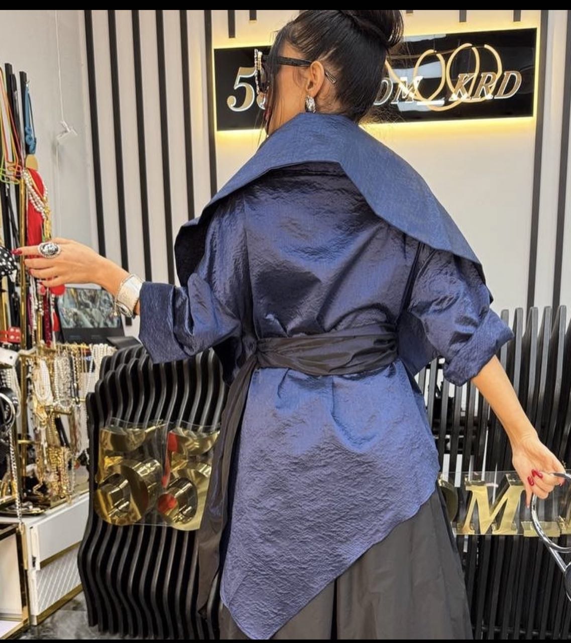 Navy Blue Sculptural Belted Jacket