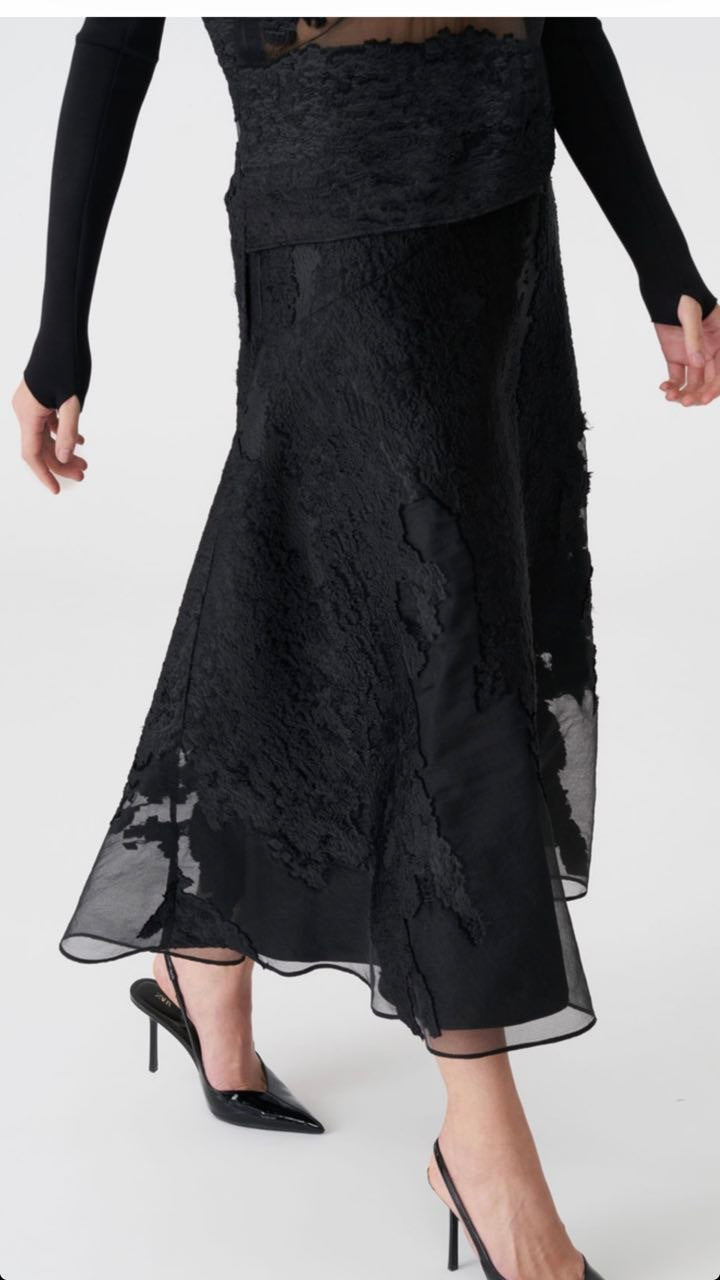 Black Sheer Lace Midi Skirt