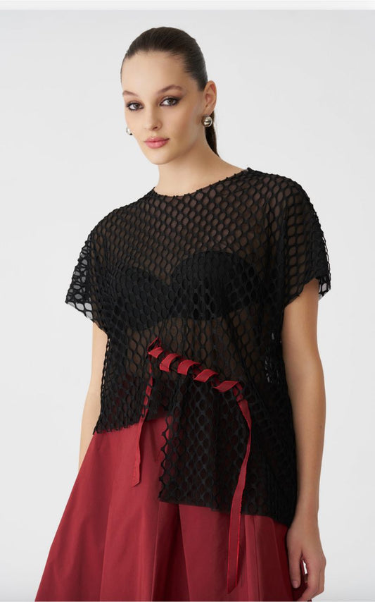 Black Mesh Tie Detail Top