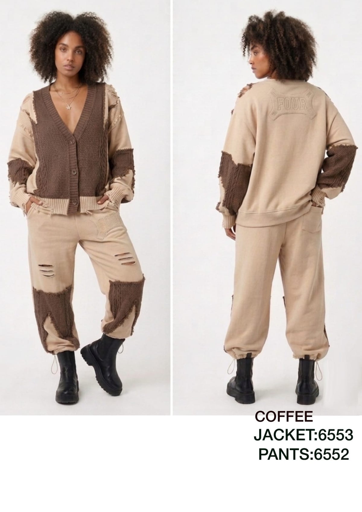 Coffee Patchwork Knit Hoodie Jacket & Jogger Pants Set