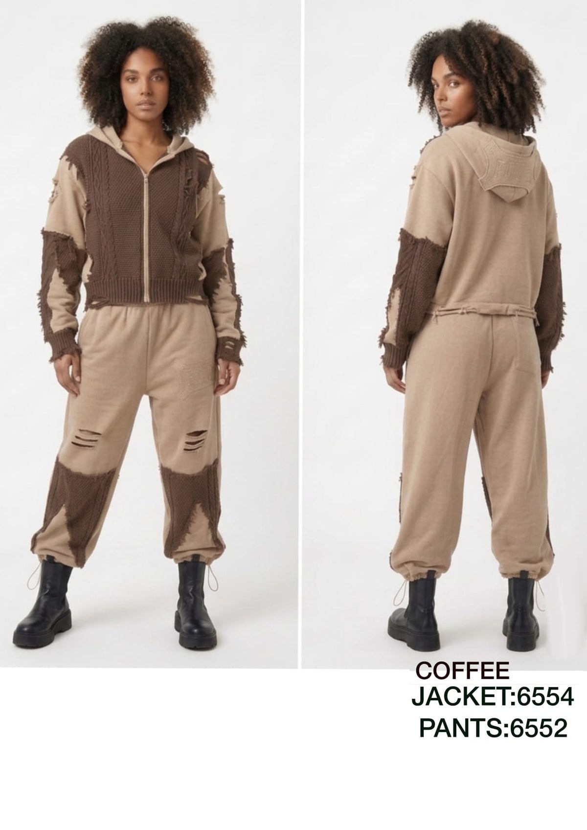 Coffee Patchwork Knit Hoodie Jacket & Jogger Pants Set