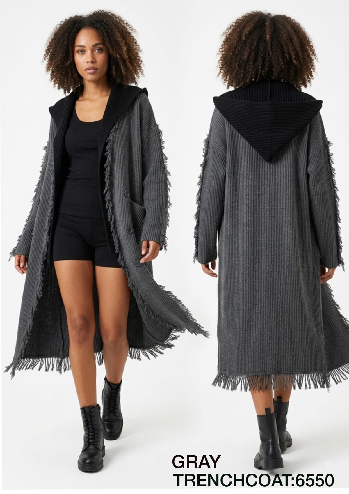 Women's Hooded Fringed Maxi Trench Cardigan Coat - Gray