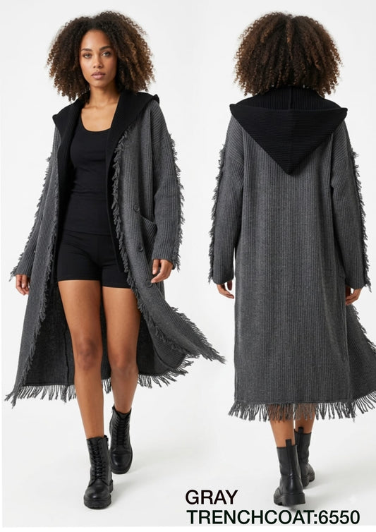 Women's Hooded Fringed Maxi Trench Cardigan Coat - Gray